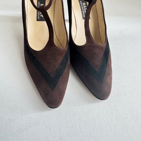 Vintage Bally Two Tone Brown Black T Strap Suede Heels 8C - Picture 7 of 9